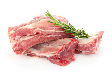 Fresh raw pork ribs and rosemary isolated on white