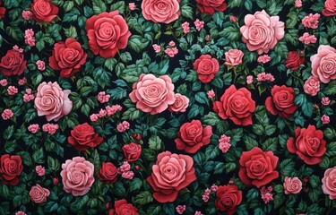 Pattern of lush red and pink roses with green leaves densely covering the frame, evoking a rich and vibrant floral atmosphere