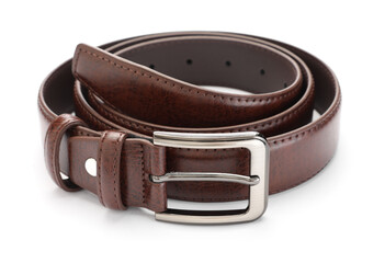 One brown leather belt isolated on white
