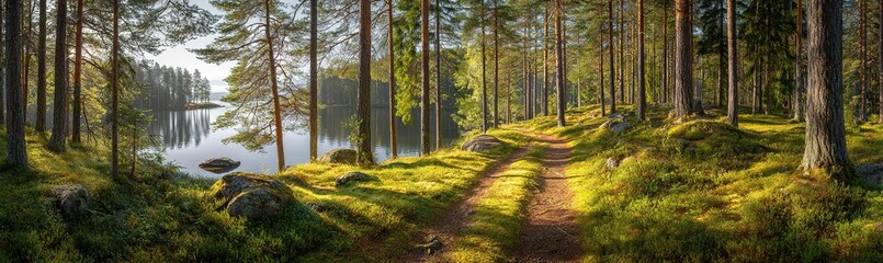Obraz premium Forest Path By Sunny Lake