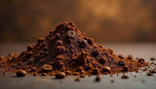 A close-up of dark brown, bitter-tasting coffee grounds , drink, food, caffeinated