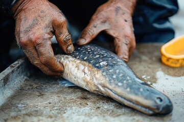 Fototapeta premium Dirty hands handling a large fish with textured scales on a rough surface with a yellow plastic container nearby