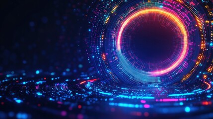 Futuristic vibrant circular digital tunnel with glowing multi-colored neon lights creating a sense of depth and dynamic movement in a dark space