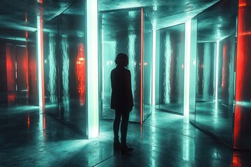 silhouette of a person standing in a modern mirror maze with glowing blue and red neon lights creating reflective and mysterious atmosphere