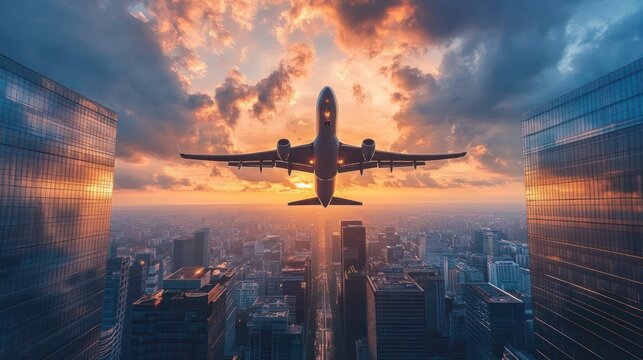 Commercial airplane flying low over a city skyline during vibrant sunset with dramatic orange and blue clouds reflecting on glass skyscrapers