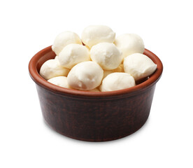 Tasty mozzarella cheese balls in bowl isolated on white