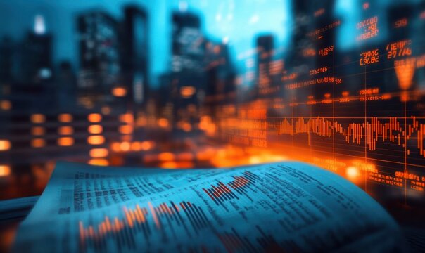 Blurred cityscape background with glowing orange stock market graphs overlaid on a newspaper displaying financial data, conveying a high-tech financial atmosphere