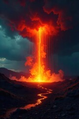 Fototapeta premium A surreal landscape depicting a fiery, hot rain falling from a dark sky onto a scorched earth, creating steam and intense heat , fire, ominous