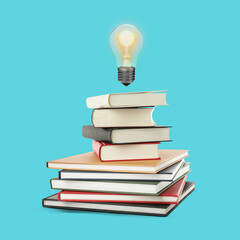 Light bulb in air over stack of books against turquoise background. Idea and knowledge