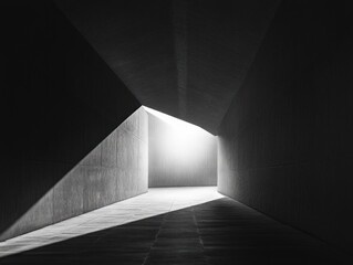 Fototapeta premium Abstract geometric architectural corridor with sharp angles and light casting strong shadows in a monochrome concrete space