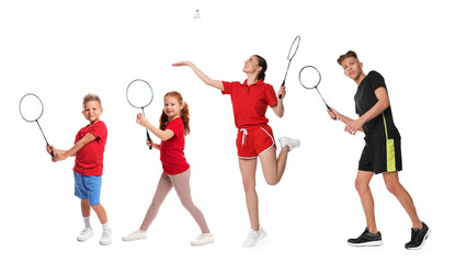 People playing badminton with rackets on white background, collage