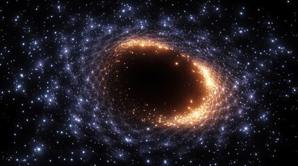 Naklejka premium A swirling cosmic vortex with a dark central void surrounded by bright, glowing orange and white stars in a spiral galaxy-like formation against a black space background