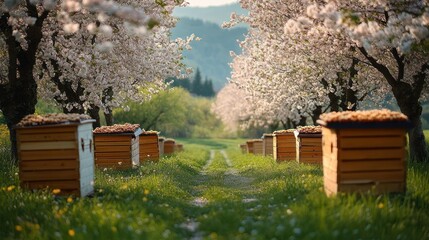 Rows of wooden beehives among blooming cherry blossom trees in a sunlit orchard with green grass and distant hills