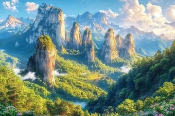 Majestic rocky pillars rising from lush green forested landscape under a bright blue sky with fluffy clouds, surrounded by distant mountain ranges and vibrant wildflowers