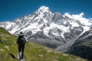 Fototapeta premium A lone hiker walking on a grassy mountain trail towards a towering snow-covered peak under a clear blue sky, evoking a sense of adventure and solitude