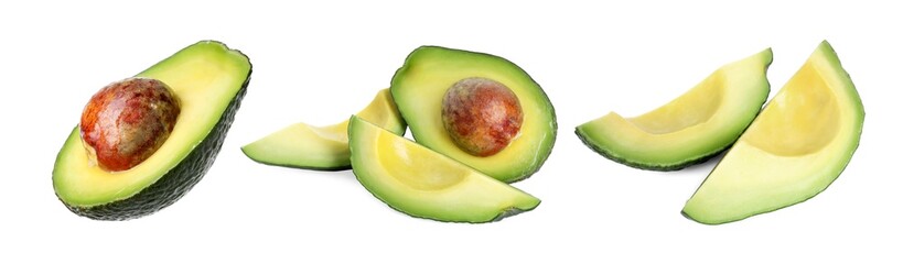 Fresh avocado fruits isolated on white, set