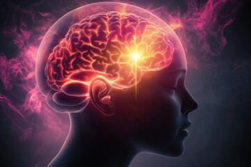 Side profile of a human head with a glowing and illuminated brain inside, surrounded by colorful smoke and light effects representing thought and cognition