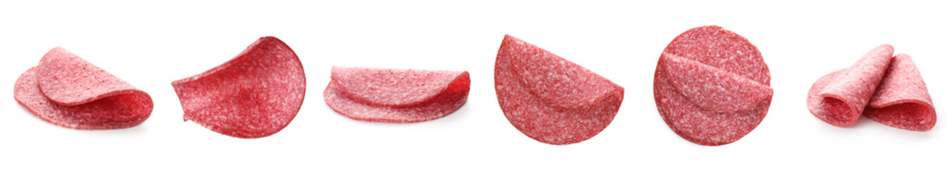 Salami sausage slices on white background, collage
