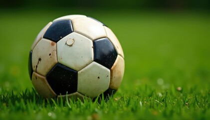 Obraz premium Close-up of a well-worn soccer ball, grass stains visible , stains, victory