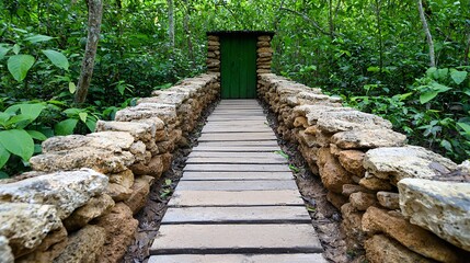 Fototapeta premium Serene Wooden Walkway to Green Door in Lush Forest