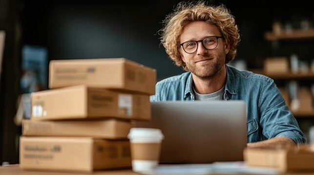 A man with curly hair smiles at a laptop, surrounded by packages and a coffee cup. - Powered by Adobe