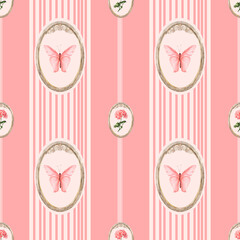 Seamless watercolor pattern featuring delicate butterflies and blooming flowers in vintage oval frames, arranged on a soft pink striped background. For wallpaper, wedding invitations