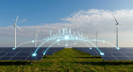 A vast field of state-of-the-art solar panels under a blue sky, with bright sunlight reflecting off...