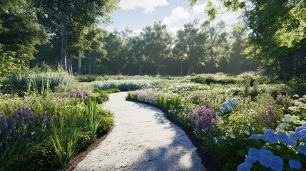 Obraz premium Serene Garden Path: A Summer's Day in Bloom