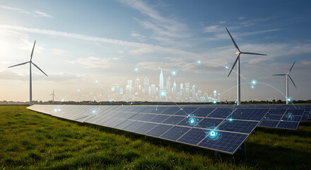 A vast field of state-of-the-art solar panels under a blue sky, with bright sunlight reflecting off them. In the distance, futuristic wind turbines gently turn © ovelha cosmica