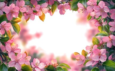 Close-up view of delicate pink flowers and green leaves forming a natural frame around a bright, soft white and pink background, evoking spring and renewal