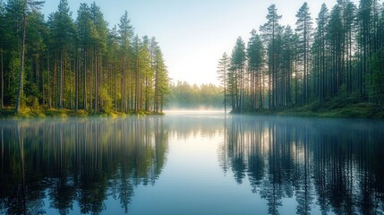 Obraz premium Misty morning lake surrounded by forest