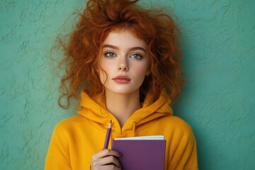 Young woman with vibrant curly red hair wearing a yellow hoodie holding a purple notebook and pencil looking thoughtfully at the camera against a textured teal wall