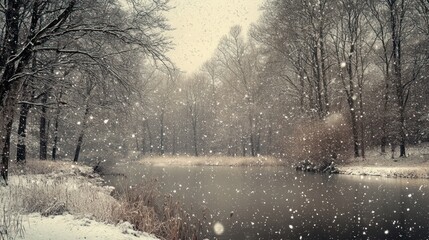Obraz premium Serene Winter Landscape with Snowfall over Tranquil Pond and Bare Trees