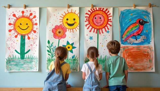 Happy kindergarteners' colorful artwork displayed on a wall , learning, childhood - Powered by Adobe