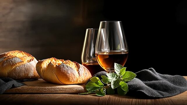Still life composition with bread glasses and herbs on wooden table against a dark background. Warm lighting enhances the rustic aesthetic creating a sense of cozy atmosphere.