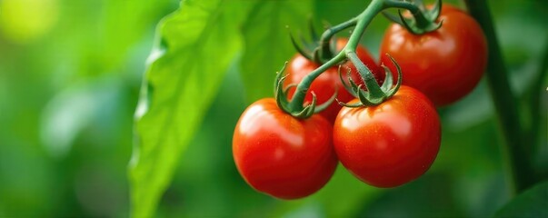 Luscious red tomatoes ripening on the vine, surrounded by vibrant green leaves A perfect image for farm-fresh, healthy eating, and summer abundance , vegetable garden, foliage