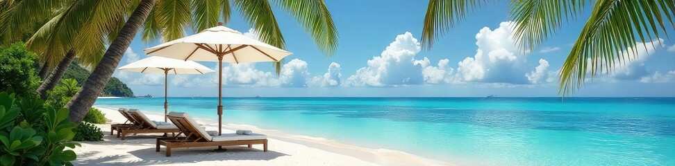 Fototapeta premium Luxury umbrella resort on a pristine beach, turquoise water, swaying palm trees, comfortable lounge chairs, tranquil scene, perfect getaway , coast, scenic, island