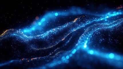 Abstract flowing waves of glowing blue and orange particles against a dark background creating a sense of depth and motion