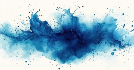 Abstract blue watercolor splash on white background with varying shades and dynamic splatter patterns evoking fluid motion and energy