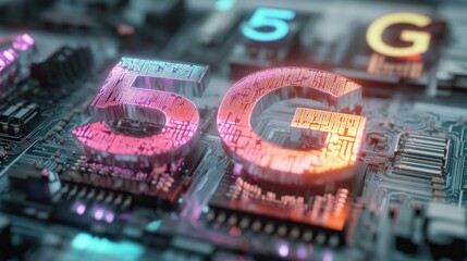 Close-up view of a glowing 5G text embedded in a futuristic electronic circuit board with illuminated components and intricate microchip details