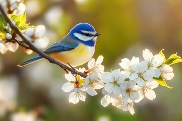 Obraz premium small vibrant blue and yellow bird perched on a branch with delicate white flowers in soft natural light