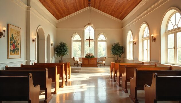 Serene interior of a funeral home chapel, featuring soft lighting, elegant seating, and peaceful ambiance, ideal for remembrance and reflection , bereavement, spiritual, afterlife