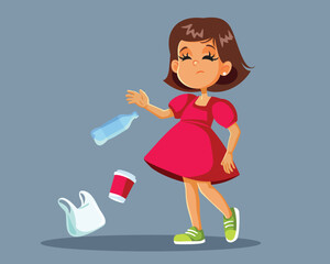 Rude Girl Throws Trash on the Ground Vector Illustration. Child irresponsibly throwing trash into nature  

