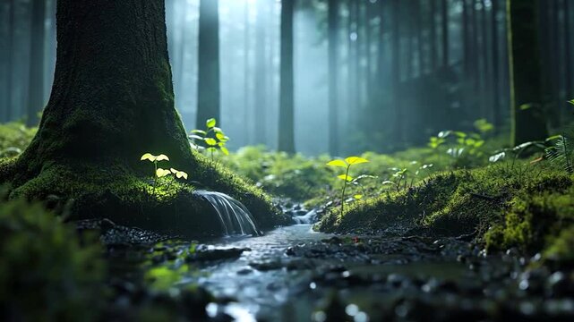 Detailed shot of a moss-covered forest floor with small stream sunlight shining through trees. Green moss and water create a serene atmosphere.