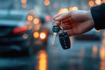 Close-up of a hand holding car keys against a blurred city street background with vehicle lights and a rainy atmosphere