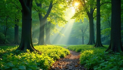 Fototapeta premium Tranquil forest park scene with lush greenery and sunlight dappling through trees , leaves, plants