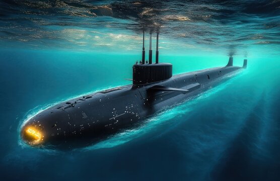 Large modern black submarine gliding underwater with illuminated front section and turrets visible above water surface in clear blue ocean