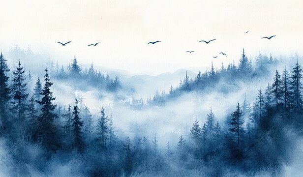 Misty forest landscape with tall pine trees and birds flying over a foggy valley under soft blue sky, creating a serene and calm atmosphere