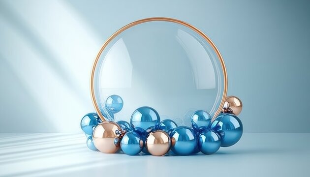 Collection of reflective blue and copper metallic spheres surrounding a large transparent glass sphere with a gold rim on a soft blue surface under natural light