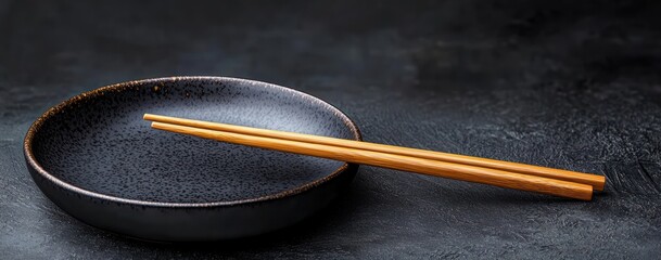 empty black ceramic plate with wooden chopsticks resting on top against dark textured background